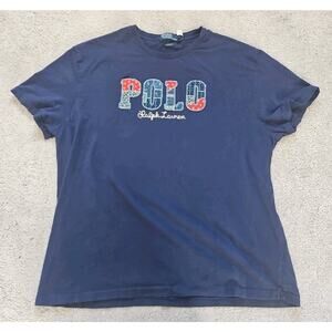 Polo Ralph Lauren T-shirt Mens Size XL Blue Patchwork Crew Blue SS Logos